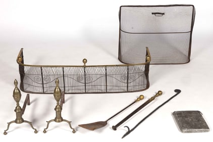 ASSORTED BRASS AND IRON FIREPLACE ASSEMBLY, SET OF EIGHT PIECES