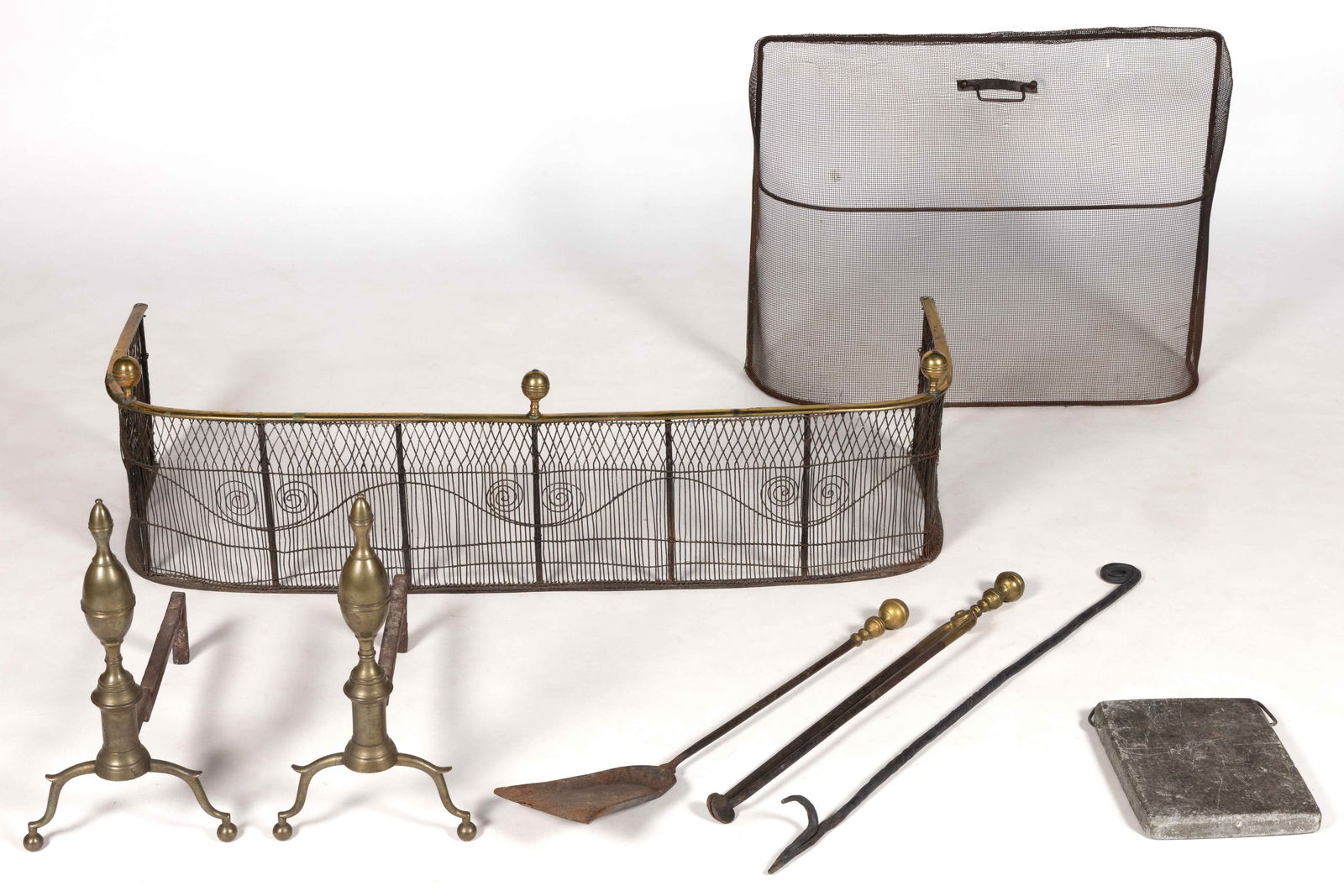 ASSORTED BRASS AND IRON FIREPLACE ASSEMBLY, SET OF EIGHT PIECES (1 of 6)