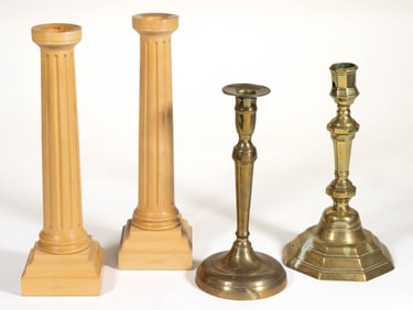 SIGNED LINLEY CARVED SYCAMORE WOOD AND EUROPEAN BRASS CANDLESTICKS, LOT OF FOUR