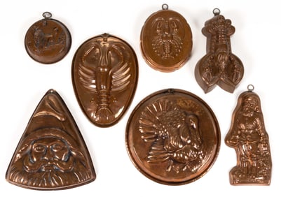 ASSORTED COPPER FIGURAL FOOD MOLDS, LOT OF SEVEN