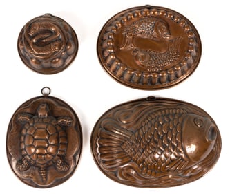 ASSORTED COPPER FIGURAL NAUTICAL / SEA ANIMAL FOOD MOLDS, LOT FOUR