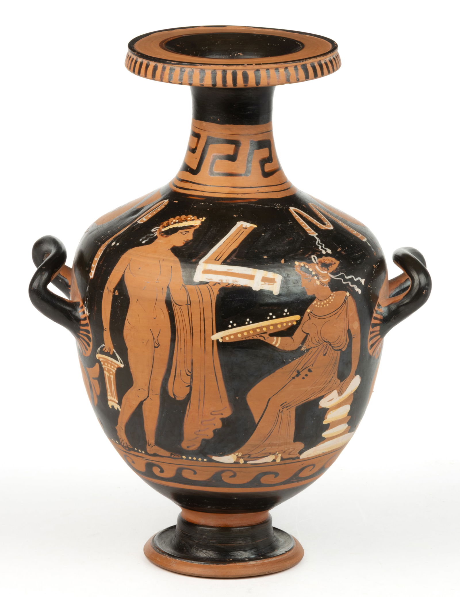 GREEK / APULIAN RED-FIGURE POTTERY HYDRIA / WATER JAR: GREEK / APULIAN RED-FIGURE POTTERY HYDRIA / WATER JAR, having two horizontal handles to sides and a vertical handle to back, featuring a seated woman on a rock, a patera in her right hand, a