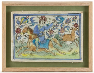 PERSIAN IZNIK QAJAR HAND-PAINTED FRAMED POTTERY TILE