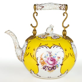 GERMAN MEISSEN PORCELAIN HAND-PAINTED LARGE TEAPOT WITH DORE-BRONZE MOUNTS