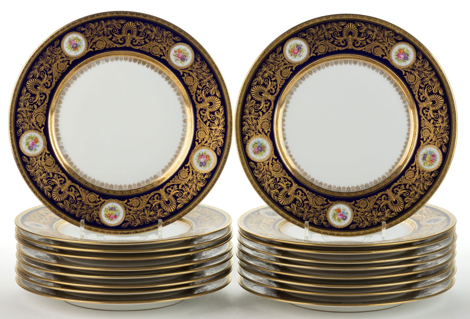 GERMAN HUTSCHENREUTHER PORCELAIN FLORAL AND COBALT-DECORATED SERVICE PLATES, SET OF 18 (1 of 2)