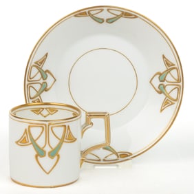 GERMAN KPM PORCELAIN ART NOUVEAU-STYLE DEMITASSE CUP AND SAUCER SET