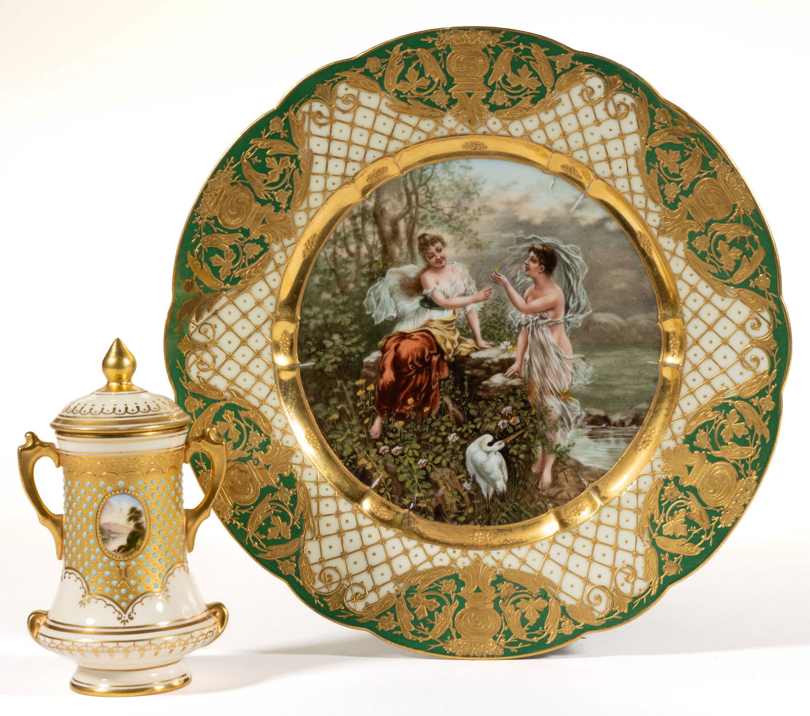 ENGLISH AND GERMAN PORCELAIN HAND-PAINTED CABINET ARTICLES, LOT OF TWO (1 of 3)