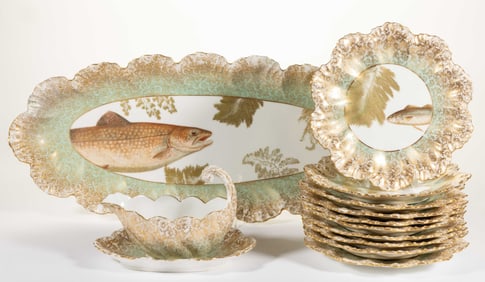 FRENCH LIMOGES PORCELAIN 13-PIECE FISH SET