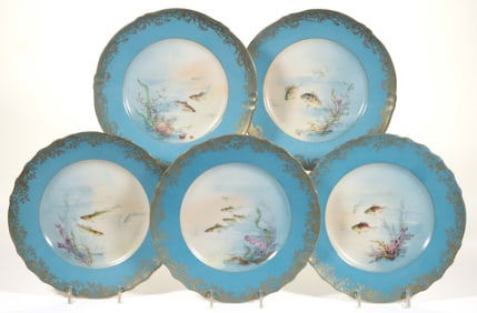 FRENCH HAVILAND LIMOGES PORCELAIN HAND-PAINTED FISH PLATES, SET OF FIVE