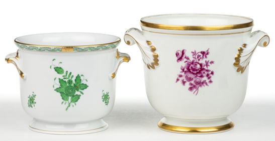 HUNGARIAN AND PORTUGUESE FLORAL MOTIF PORCELAIN CACHEPOTS, LOT OF TWO