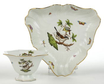 HUNGARIAN HEREND "ROTHSCHILD BIRD" PORCELAIN DISHES, LOT OF TWO