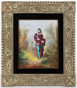 CONTINENTAL HAND-PAINTED PORCELAIN SIGNED "GASTON" FRAMED SCENIC PLAQUE