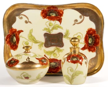 AMERICAN PICKARD-DECORATED ART NOUVEAU-STYLE DRESSER ARTICLES, LOT OF THREE