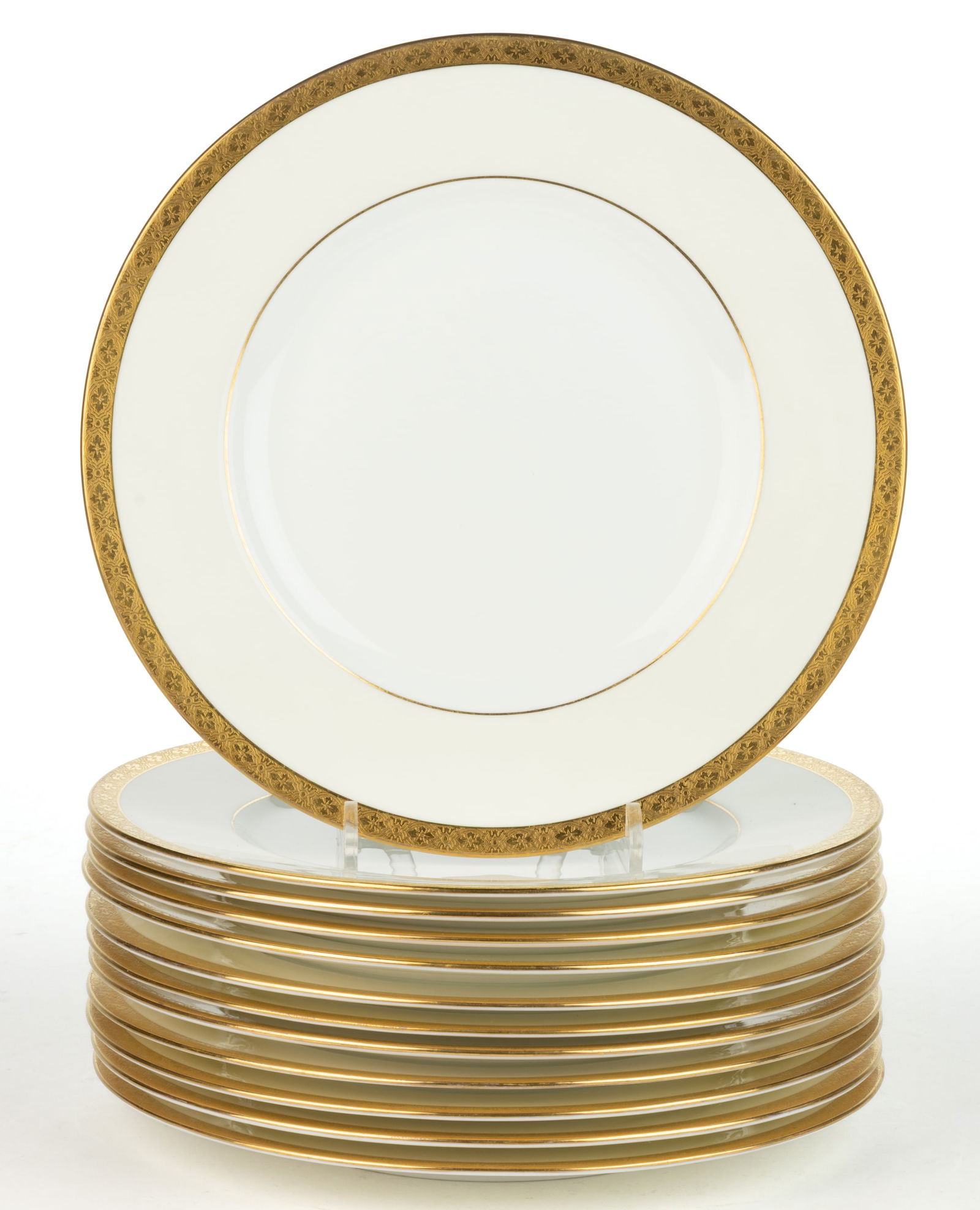ENGLISH MINTONS FOR TIFFANY & CO. PORCELAIN SERVICE PLATES, LOT OF 12: ENGLISH MINTONS FOR TIFFANY & CO. PORCELAIN SERVICE PLATES, LOT OF 12, pattern #H3996, each having a gold encrusted band to rim with cream border. Marks to back include mulberry-printed crown and