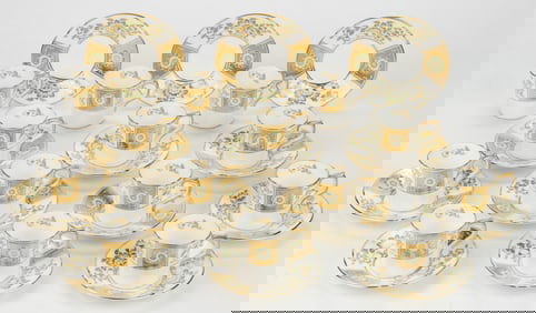 ENGLISH ROYAL CROWN DERBY "GREEN DERBY PANEL" PORCELAIN DEMITASSE CUP AND SAUCER SETS, LOT OF 13