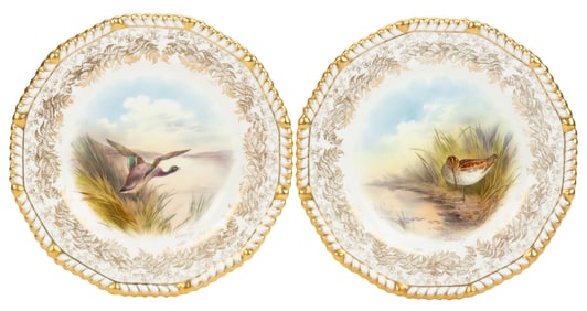 ENGLISH WEDGWOOD SIGNED "J. HODGKISS" BIRD MOTIF PORCELAIN PLATES, LOT OF TWO