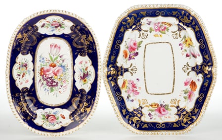 ENGLISH HAND-PAINTED PORCELAIN FLORAL MOTIF COBALT-DECORATED PLATTERS, LOT OF TWO