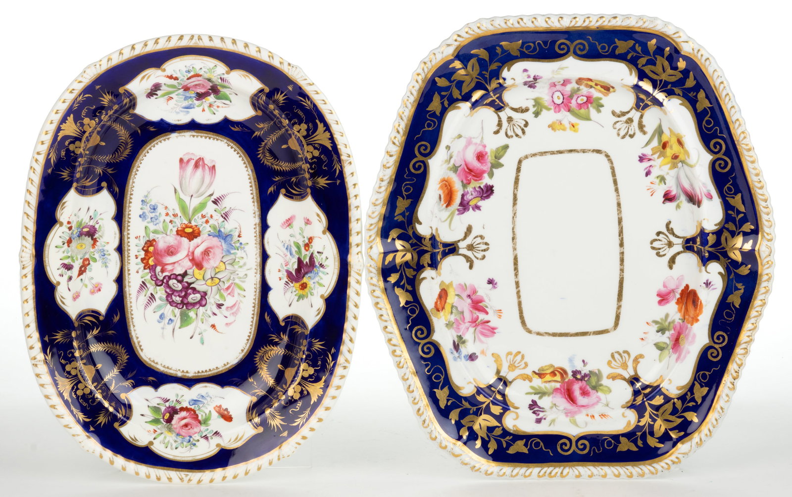 ENGLISH HAND-PAINTED PORCELAIN FLORAL MOTIF COBALT-DECORATED PLATTERS, LOT OF TWO (1 of 2)