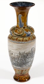 SIGNED HANNAH BARLOW (ENGLISH, 1851-1913), DOULTON LAMBETH DECORATED COW MOTIF STONEWARE VASE