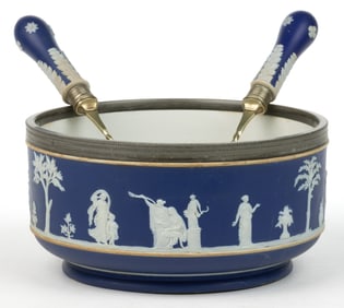 ENGLISH WEDGWOOD BLUE JASPERWARE STONEWARE SALAD BOWL AND UTENSIL SET, LOT OF THREE