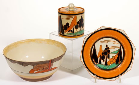 ENGLISH CLARICE CLIFF "BIZARRE" CERAMIC ARTICLES, LOT OF THREE