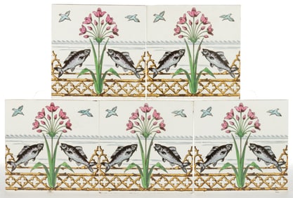 ENGLISH MINTONS TRANSFER-PRINTED AESTHETIC-STYLE FISH MOTIF TILES, LOT OF FIVE