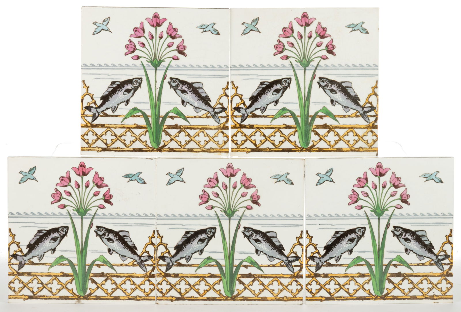 ENGLISH MINTONS TRANSFER-PRINTED AESTHETIC-STYLE FISH MOTIF TILES, LOT OF FIVE: ENGLISH MINTONS TRANSFER-PRINTED AESTHETIC-STYLE FISH MOTIF TILES, LOT OF FIVE, designed by Christopher Dresser and titled "Kingfisher" in the Minton's catalog, each having polychrome transfer designs