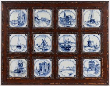 GERMAN VILLEROY & BOCH FRAMED DELFT TIN-GLAZED EARTHENWARE TILES