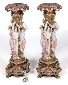 CONTINENTAL MAJOLICA CERAMIC FIGURAL PAIR OF JARDINIERE STANDS / PEDESTALS