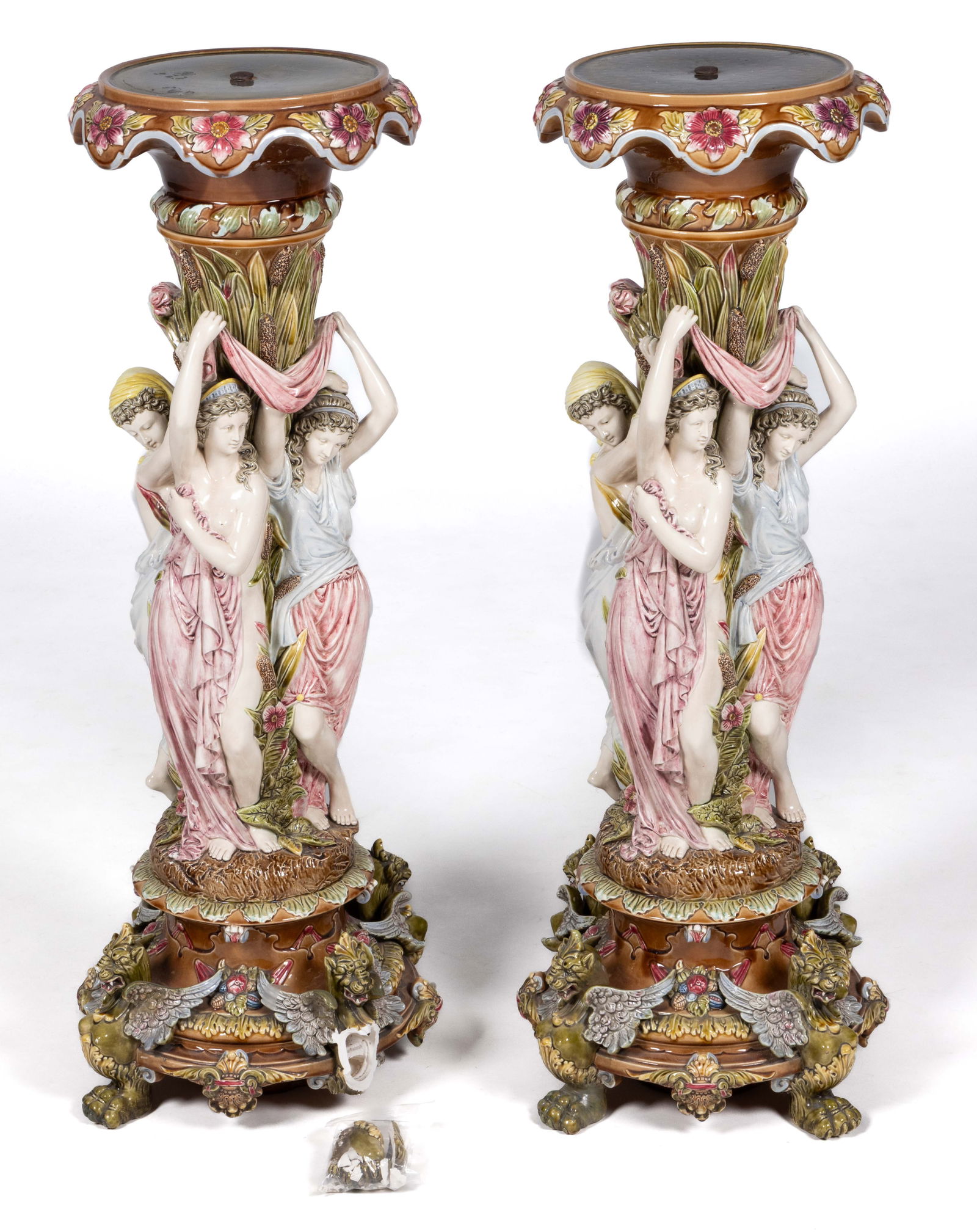 CONTINENTAL MAJOLICA CERAMIC FIGURAL PAIR OF JARDINIERE STANDS / PEDESTALS (1 of 5)