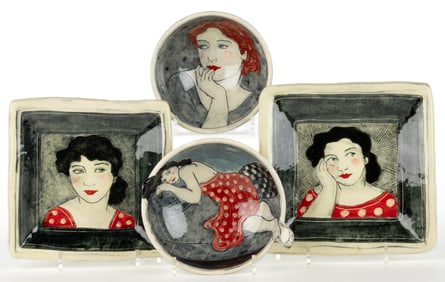 LOUISE GARDELLE (SWEDISH / FRENCH, B. 1944) HAND-PAINTED STUDIO POTTERY ARTICLES, LOT OF FOUR