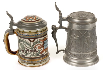 GERMAN METTLACH STONEWARE AND OTHER STEINS, LOT OF TWO