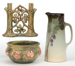 WELLER ART POTTERY FRUIT MOTIF ARTICLES, LOT OF THREE