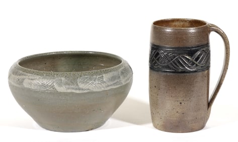 JUGTOWN, NORTH CAROLINA DECORATED STONEWARE ARTICLES, LOT OF TWO