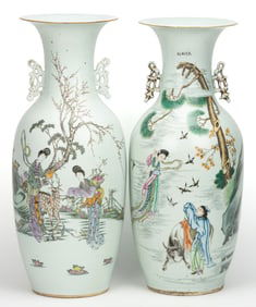 CHINESE EXPORT PORCELAIN FAMILLE ROSE HAND-PAINTED LARGE VASE NEAR PAIR