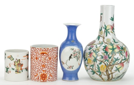 CHINESE EXPORT PORCELAIN HAND-PAINTED VASES / BRUSH POTS, LOT OF FOUR