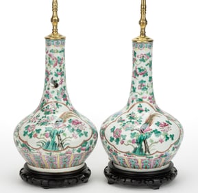 CHINESE EXPORT PORCELAIN FAMILLE ROSE VASE ELECTRIC TABLE LAMPS, PAIR