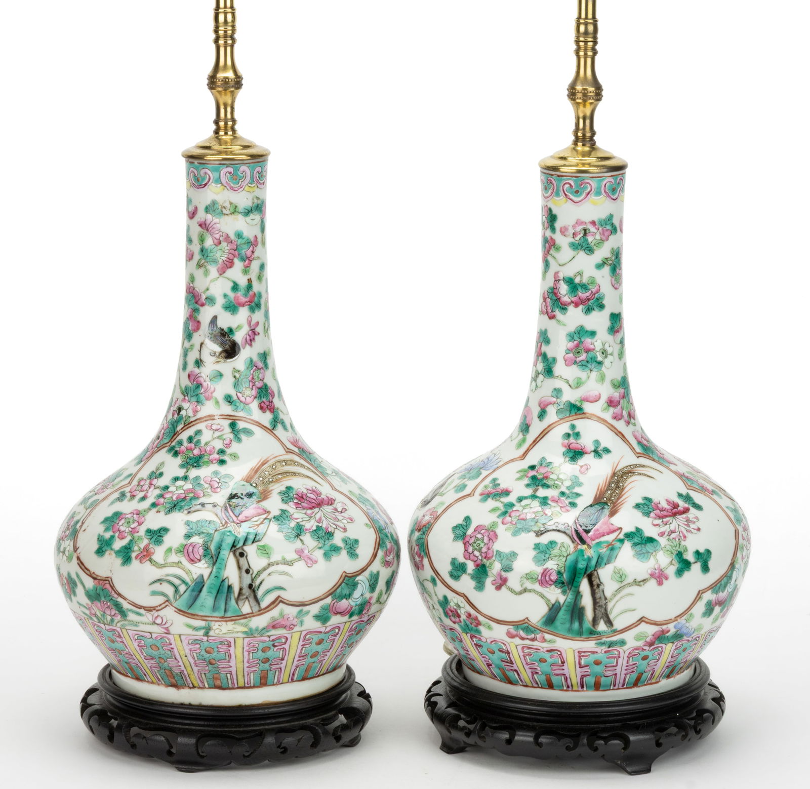 CHINESE EXPORT PORCELAIN FAMILLE ROSE VASE ELECTRIC TABLE LAMPS, PAIR (1 of 5)