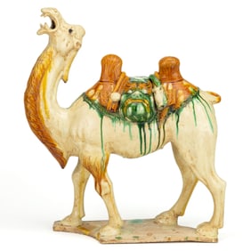 CHINESE TANG-STYLE SANCAI-GLAZED TERRACOTTA CAMEL FIGURE