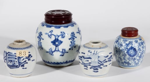 CHINESE EXPORT PORCELAIN HAND-PAINTED BLUE AND WHITE GINGER JARS, LOT OF FOUR