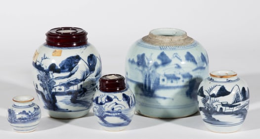 CHINESE EXPORT PORCELAIN HAND-PAINTED BLUE AND WHITE JARS / VASES, LOT OF FIVE