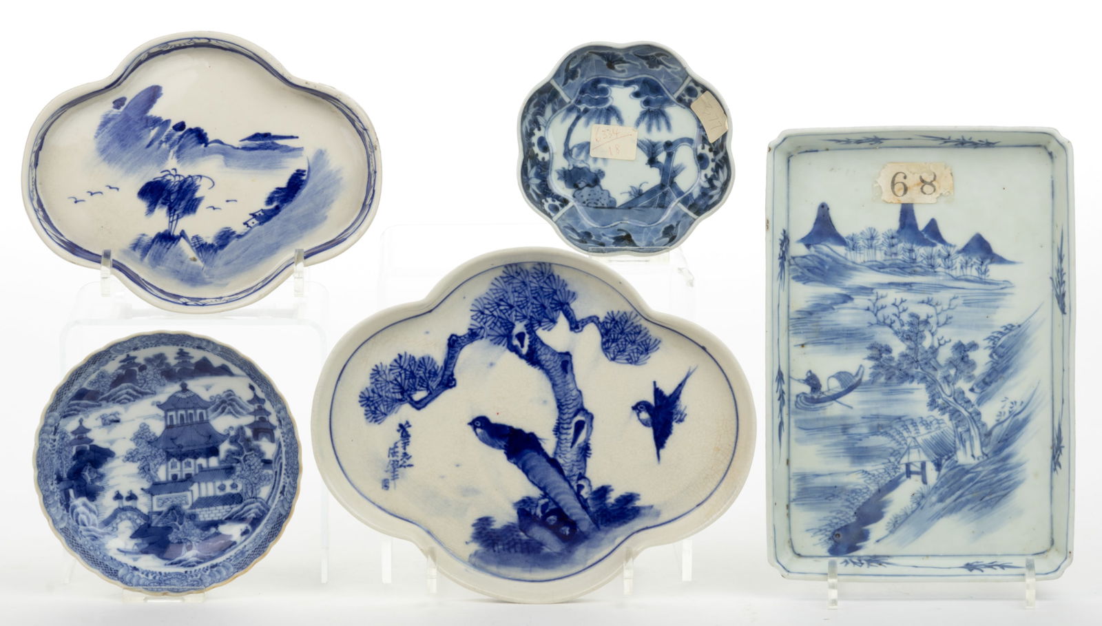 CHINESE / JAPANESE EXPORT PORCELAIN BLUE AND WHITE HAND-PAINTED DISHES / TRAYS, LOT OF FIVE (1 of 2)