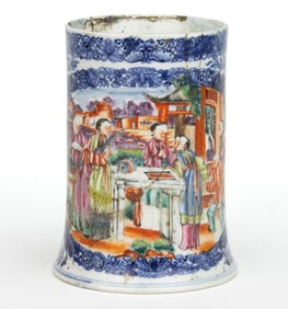 CHINESE EXPORT PORCELAIN FAMILLE ROSE MUG / TANKARD WITH MAKE-DO