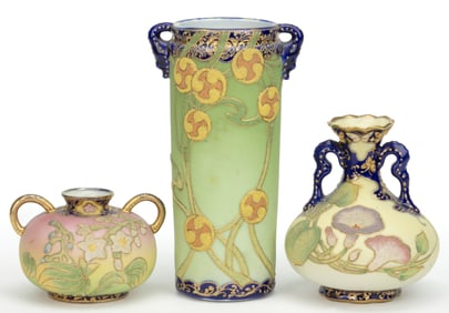 JAPANESE NIPPON PORCELAIN CORALENE COBALT-DECORATED VASES, LOT OF THREE