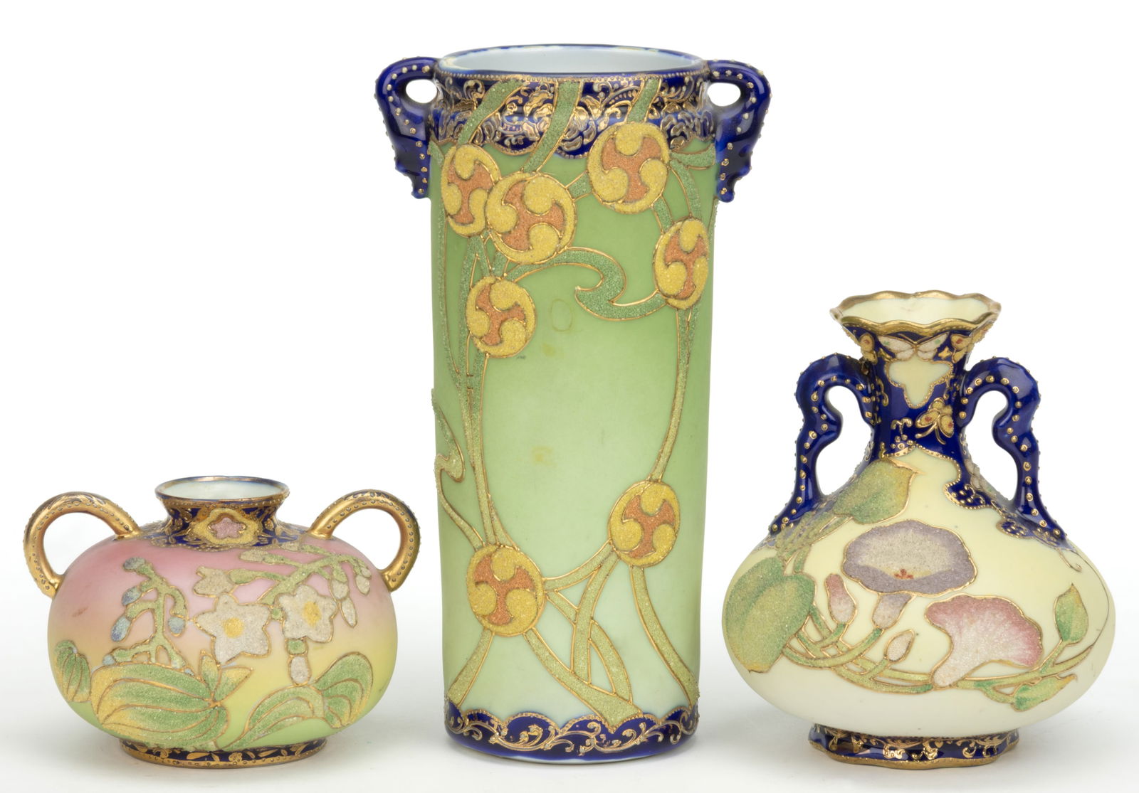 JAPANESE NIPPON PORCELAIN CORALENE COBALT-DECORATED VASES, LOT OF THREE (1 of 1)