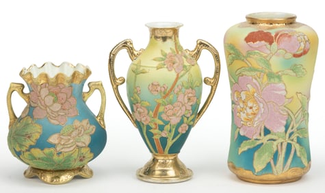 JAPANESE NIPPON PORCELAIN CORALENE FLORAL MOTIF VASES, LOT OF THREE