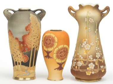 JAPANESE NIPPON PORCELAIN CORALENE FLORAL MOTIF VASES, LOT OF THREE