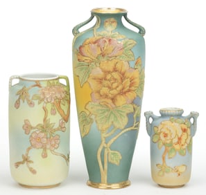 JAPANESE NIPPON PORCELAIN CORALENE FLORAL MOTIF VASES, LOT OF THREE