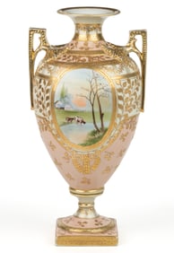 JAPANESE NIPPON PORCELAIN COW MOTIF LARGE BOLTED URN VASE