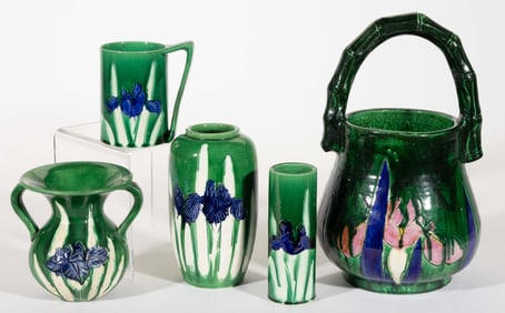 JAPANESE AWAJI POTTERY FLORAL MOTIF ARTICLES, LOT OF FIVE